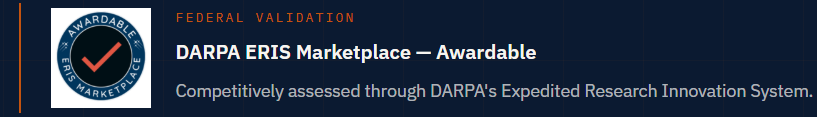 DARPA ERIS Marketplace — Awardable: Federally validated graphic showing the ERIS Awardable badge with the supporting line 'Competitively assessed through DARPA's Expedited Research Innovation System.'