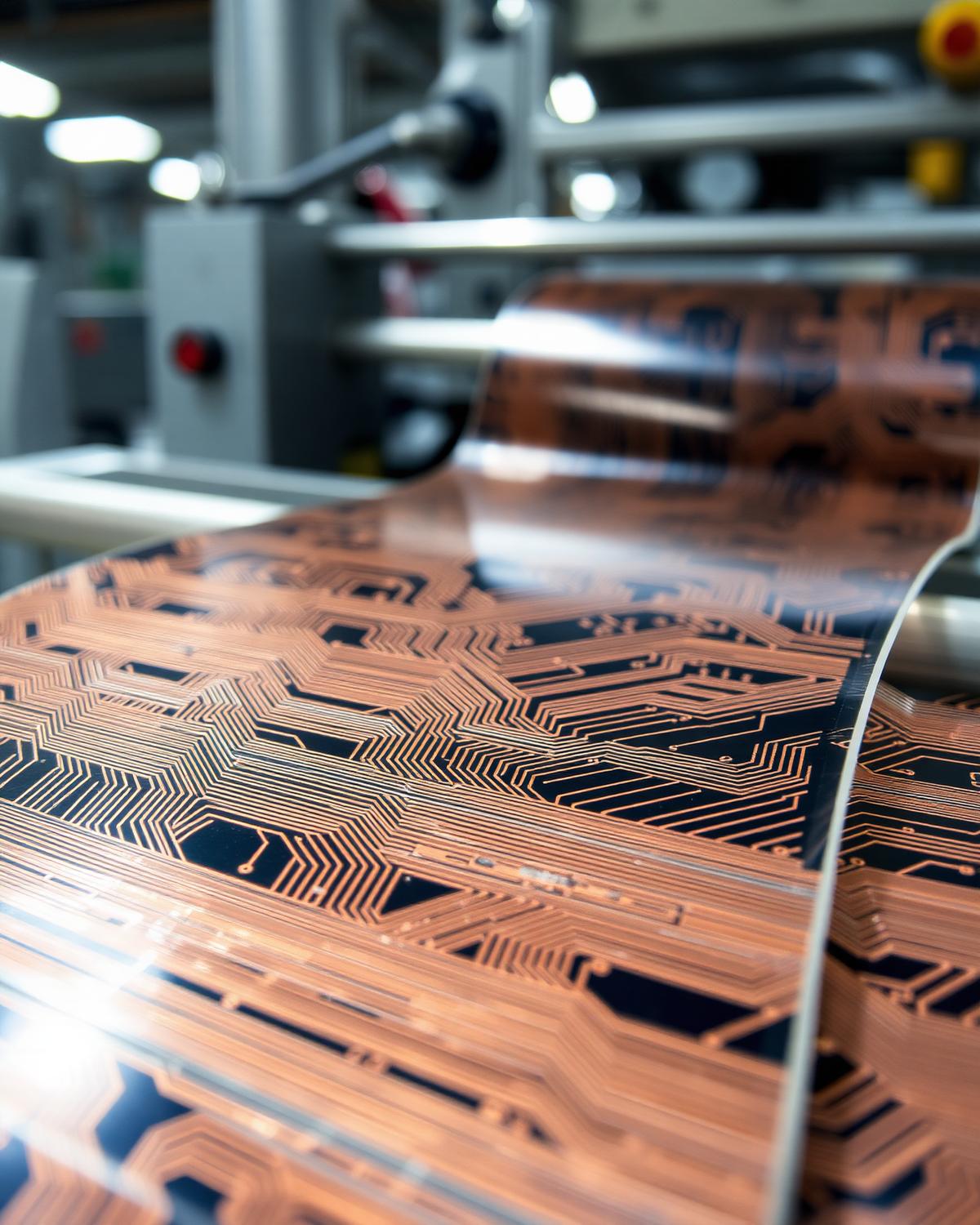 Printed conductive copper traces on flexible substrate in a roll-to-roll line